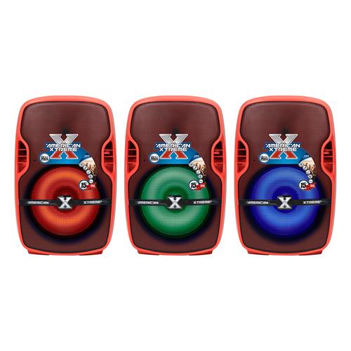 CAJA AMPLIFICADA 15 PULG. 100.000W ROJA CON PEDESTAL/MICROFONO/LUZ LED - DESC