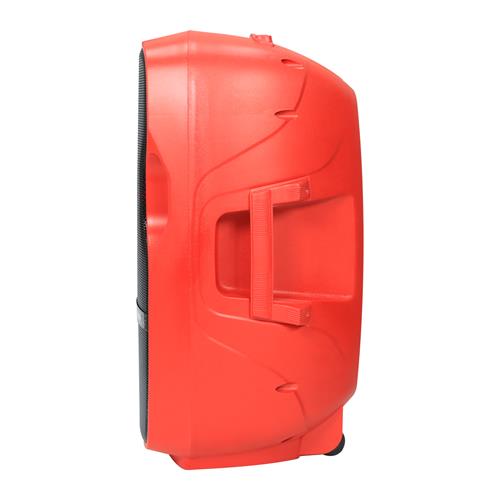 CAJA AMPLIFICADA 15 PULG. 100.000W ROJA CON PEDESTAL/MICROFONO/LUZ LED - DESC