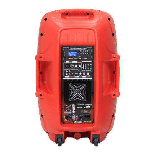 CAJA AMPLIFICADA 15 PULG. 100.000W ROJA CON PEDESTAL/MICROFONO/LUZ LED - DESC