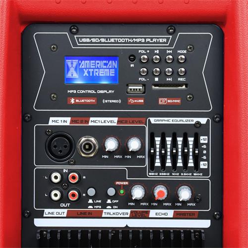 CAJA AMPLIFICADA 15 PULG. 100.000W ROJA CON PEDESTAL/MICROFONO/LUZ LED - DESC