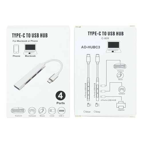 CONCENTRADOR HUB TIPO-C CON 3 USB 2.0 + 1 USB 3.0